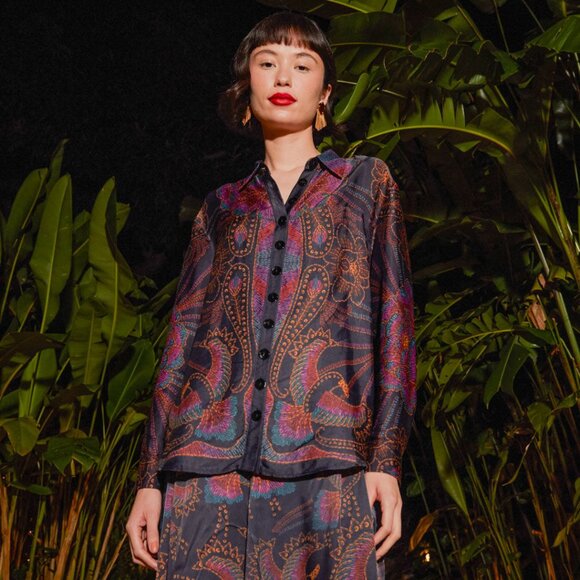 Black Sequin Scarf Print Shirt - Picture 1 of 8